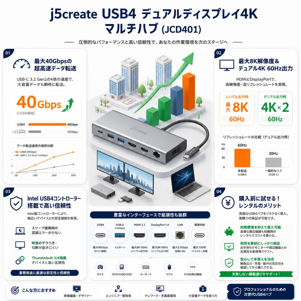 j5create  USB4 デュアルディスプレイ4K マルチハブ (JCD401) セールスポイント