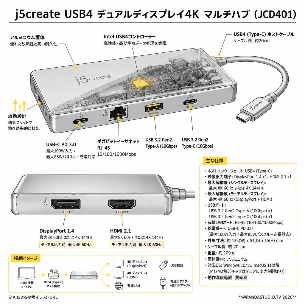 j5create  USB4 デュアルディスプレイ4K マルチハブ (JCD401) スペック