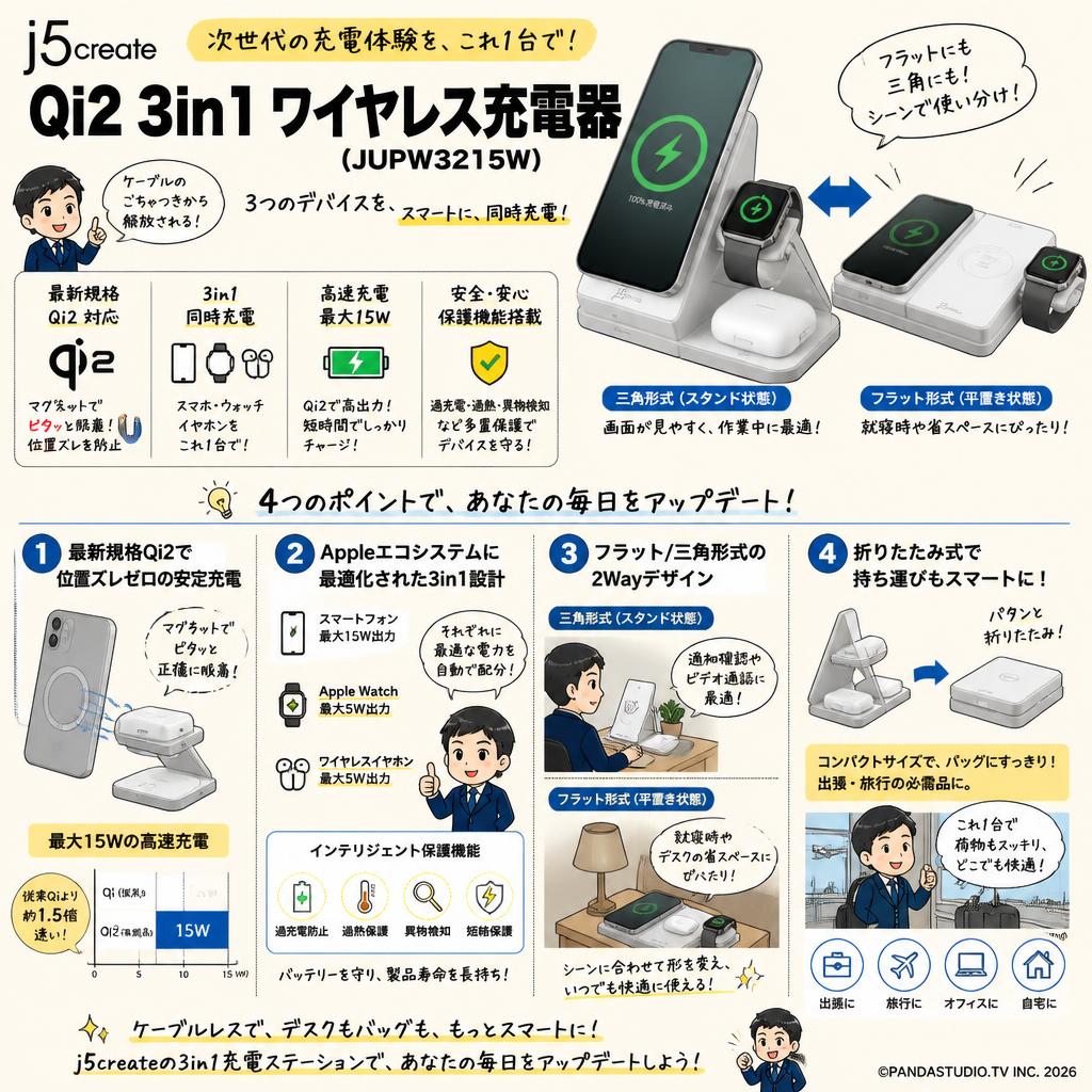 j5create Qi2 3in1 フラット/三角形式 ワイヤレス充電器 （JUPW3215W） 概要