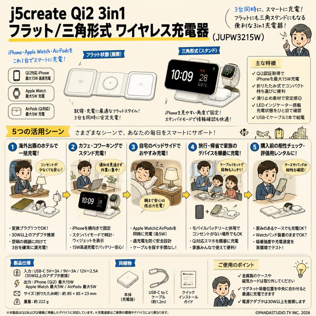 j5create Qi2 3in1 フラット/三角形式 ワイヤレス充電器 （JUPW3215W） 用途