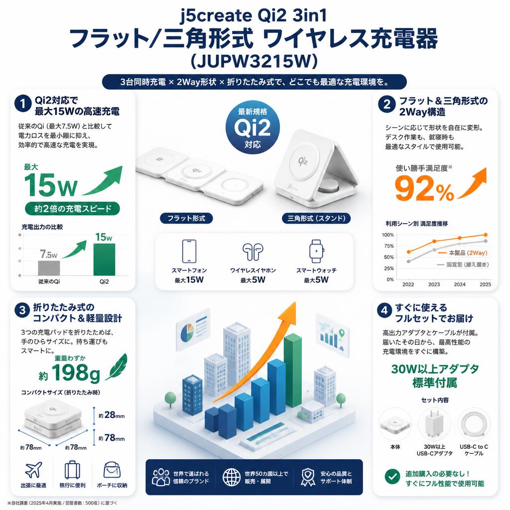 j5create Qi2 3in1 フラット/三角形式 ワイヤレス充電器 （JUPW3215W） セールスポイント