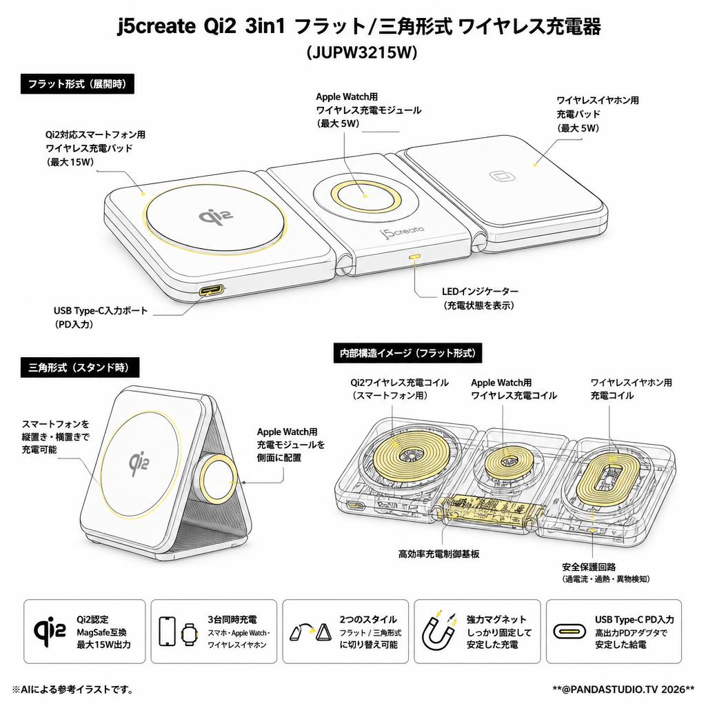 j5create Qi2 3in1 フラット/三角形式 ワイヤレス充電器 （JUPW3215W） スペック