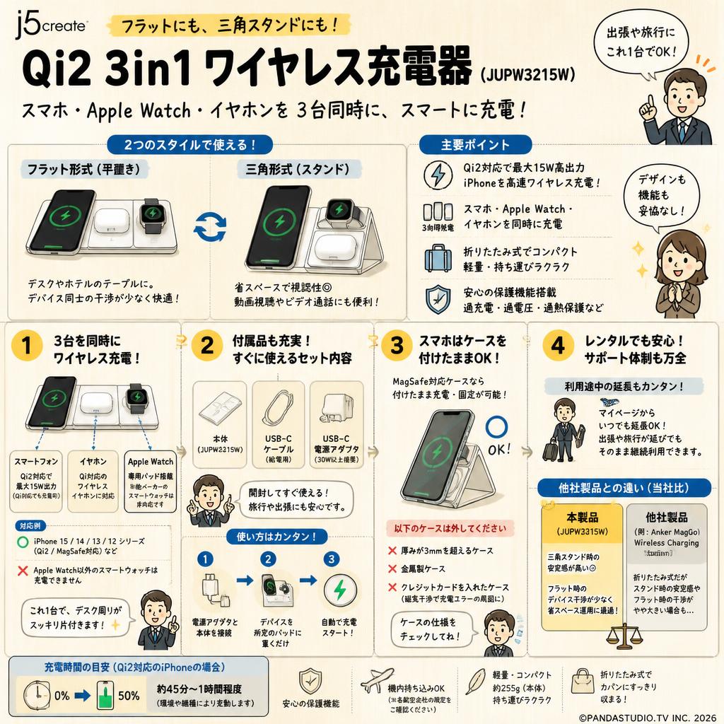 j5create Qi2 3in1 フラット/三角形式 ワイヤレス充電器 （JUPW3215W） FAQ（よくある質問と答え）
