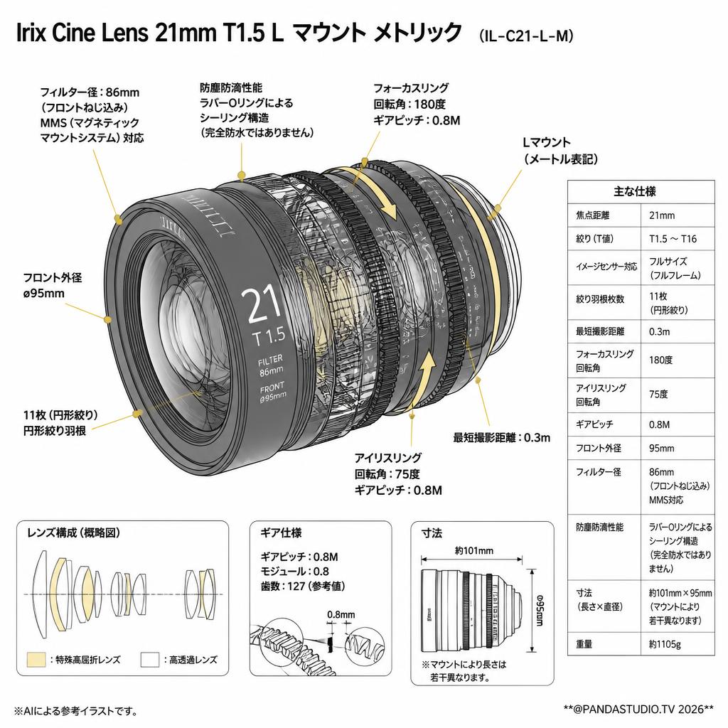 Irix Cine lens 21mm T1.5 L マウント メトリック （IL-C21-L-M） スペック