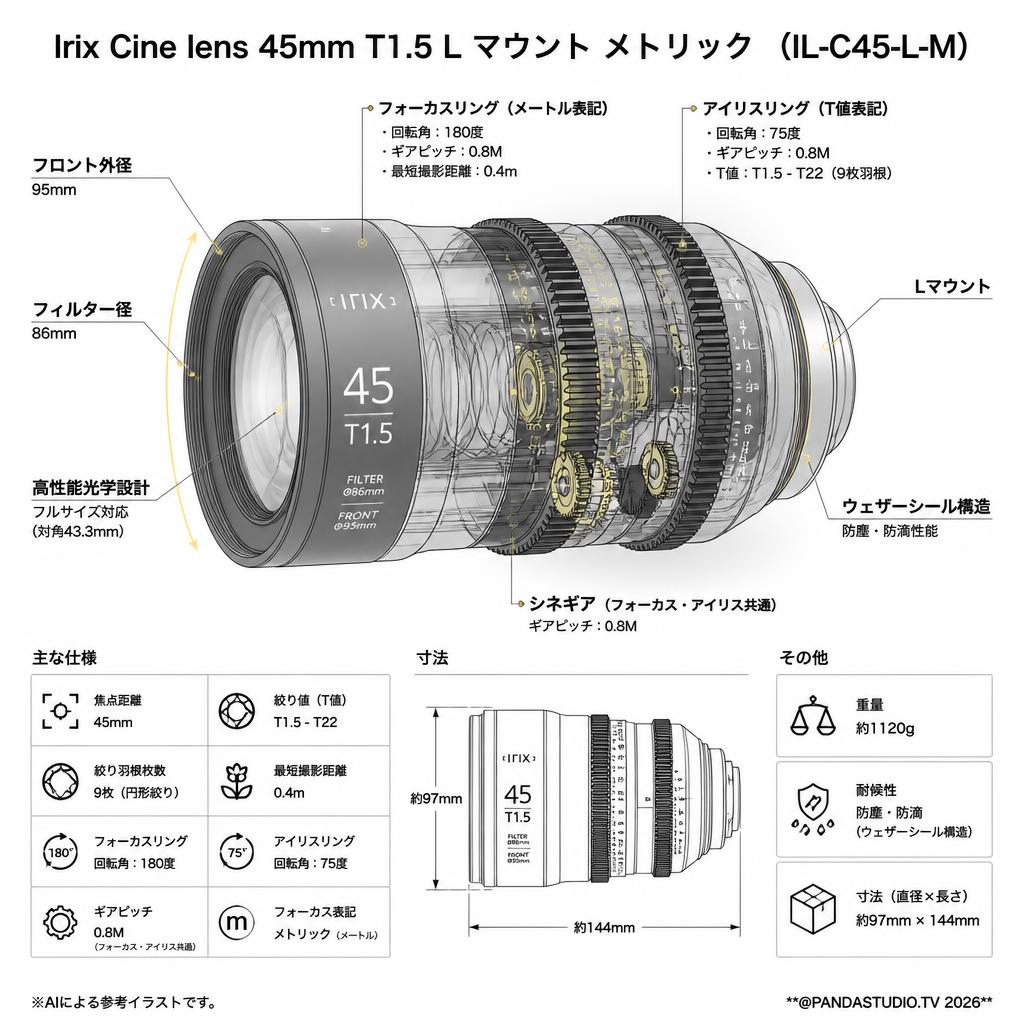 Irix Cine lens 45mm T1.5 L マウント メトリック （IL-C45-L-M） スペック