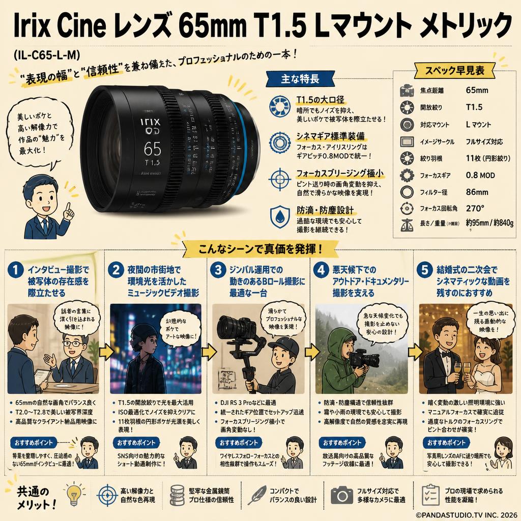 Irix Cine lens 65mm T1.5 L マウント メトリック （IL-C65-L-M） 用途