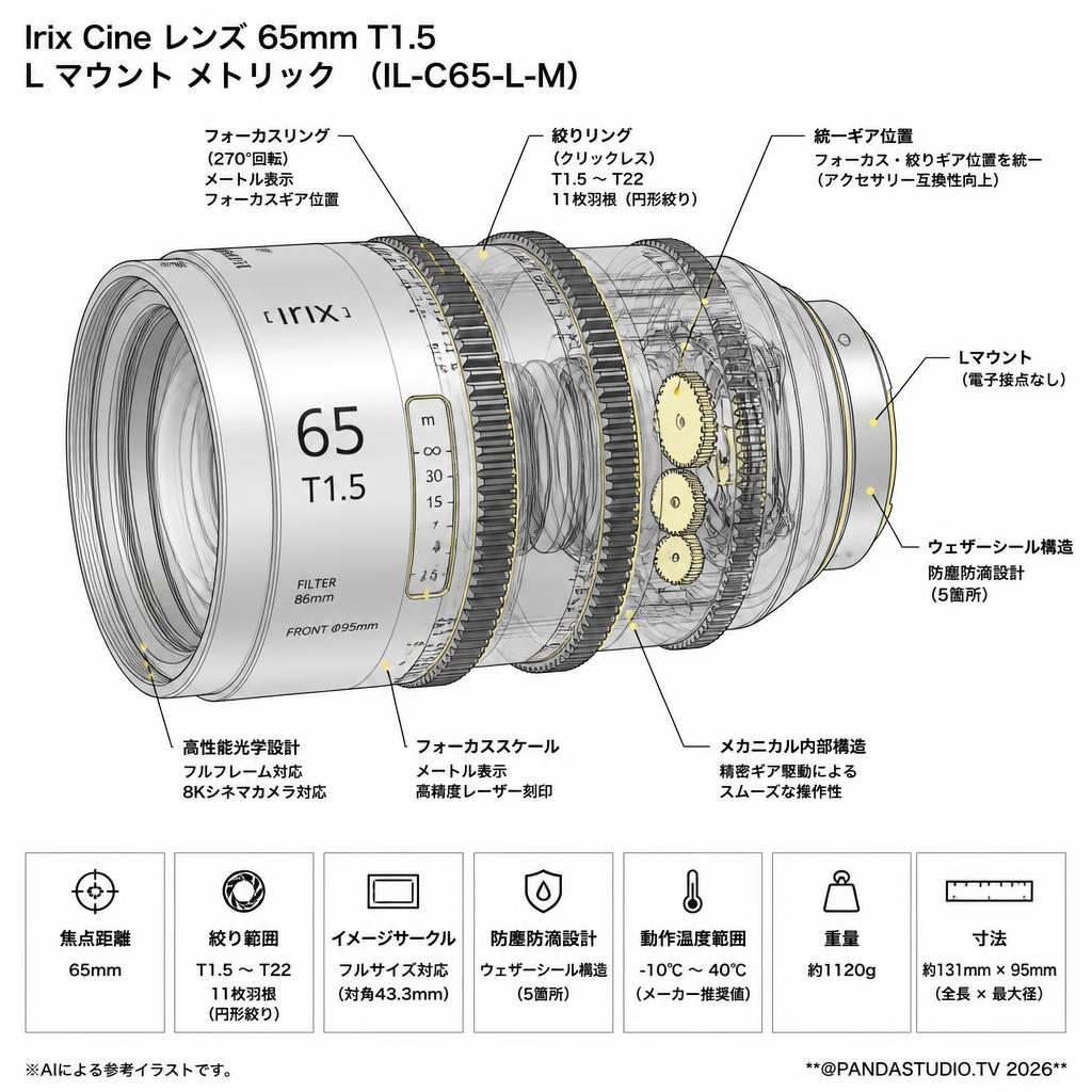 Irix Cine lens 65mm T1.5 L マウント メトリック （IL-C65-L-M） スペック