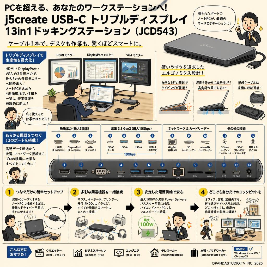 j5create USB-C トリプルディスプレイ13in1ドッキングステーション ( JCD543 ) 概要
