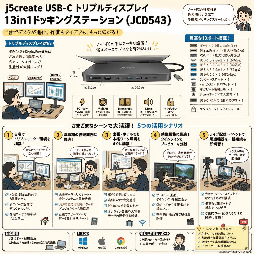j5create USB-C トリプルディスプレイ13in1ドッキングステーション ( JCD543 ) 用途
