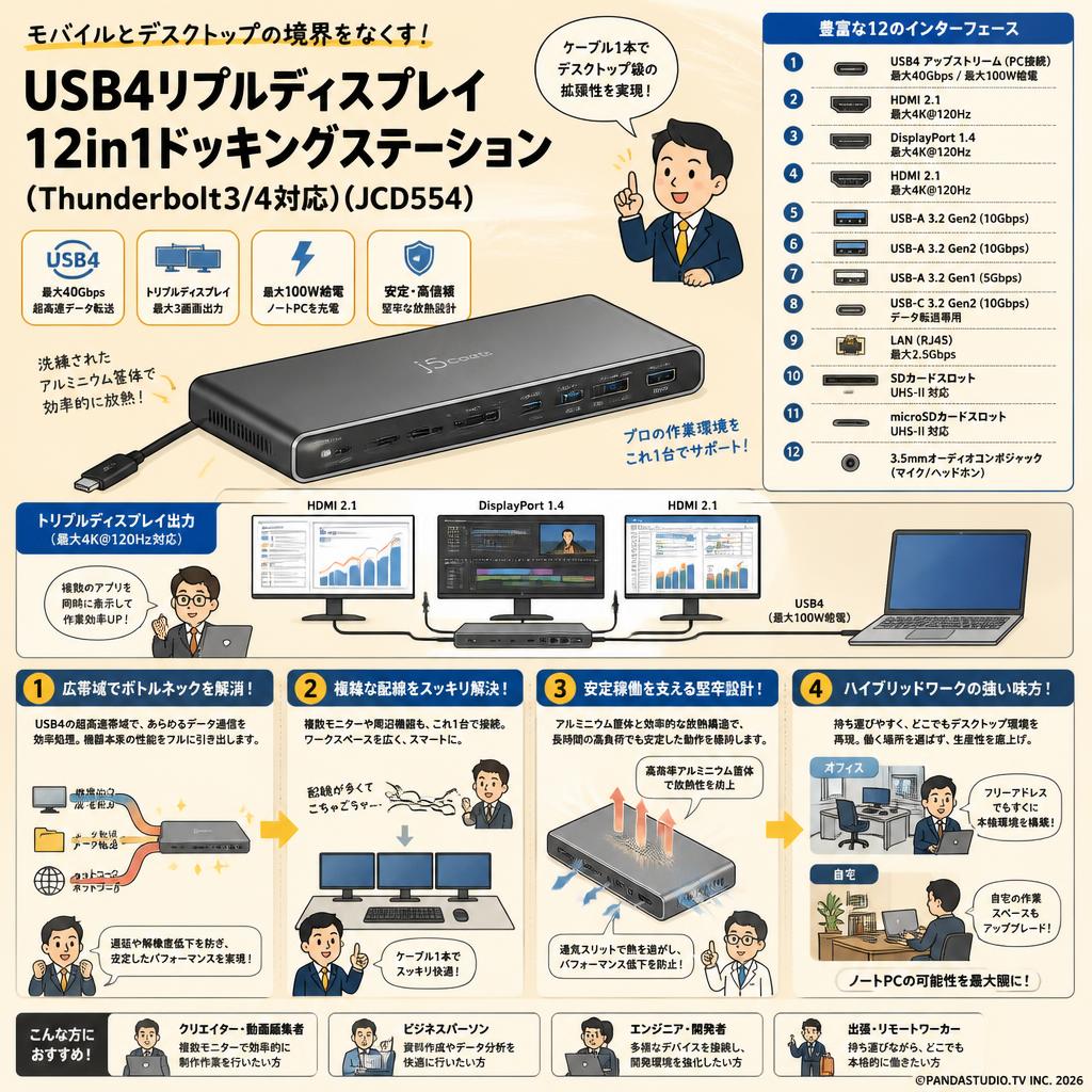 j5create USB4リプルディスプレイ12in1ドッキングステーション（Thunderbolt3/4対応）( JCD554 ) 概要