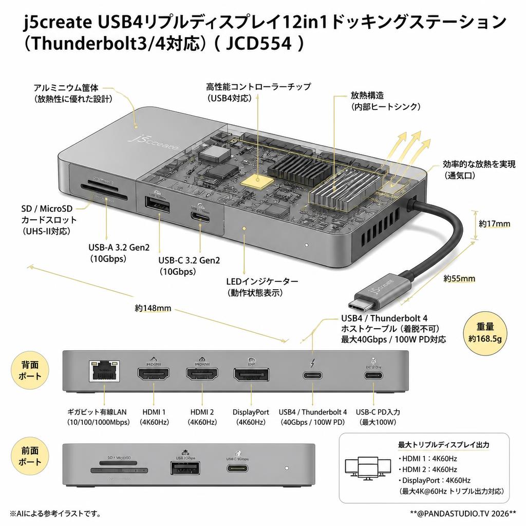 j5create USB4リプルディスプレイ12in1ドッキングステーション（Thunderbolt3/4対応）( JCD554 ) スペック
