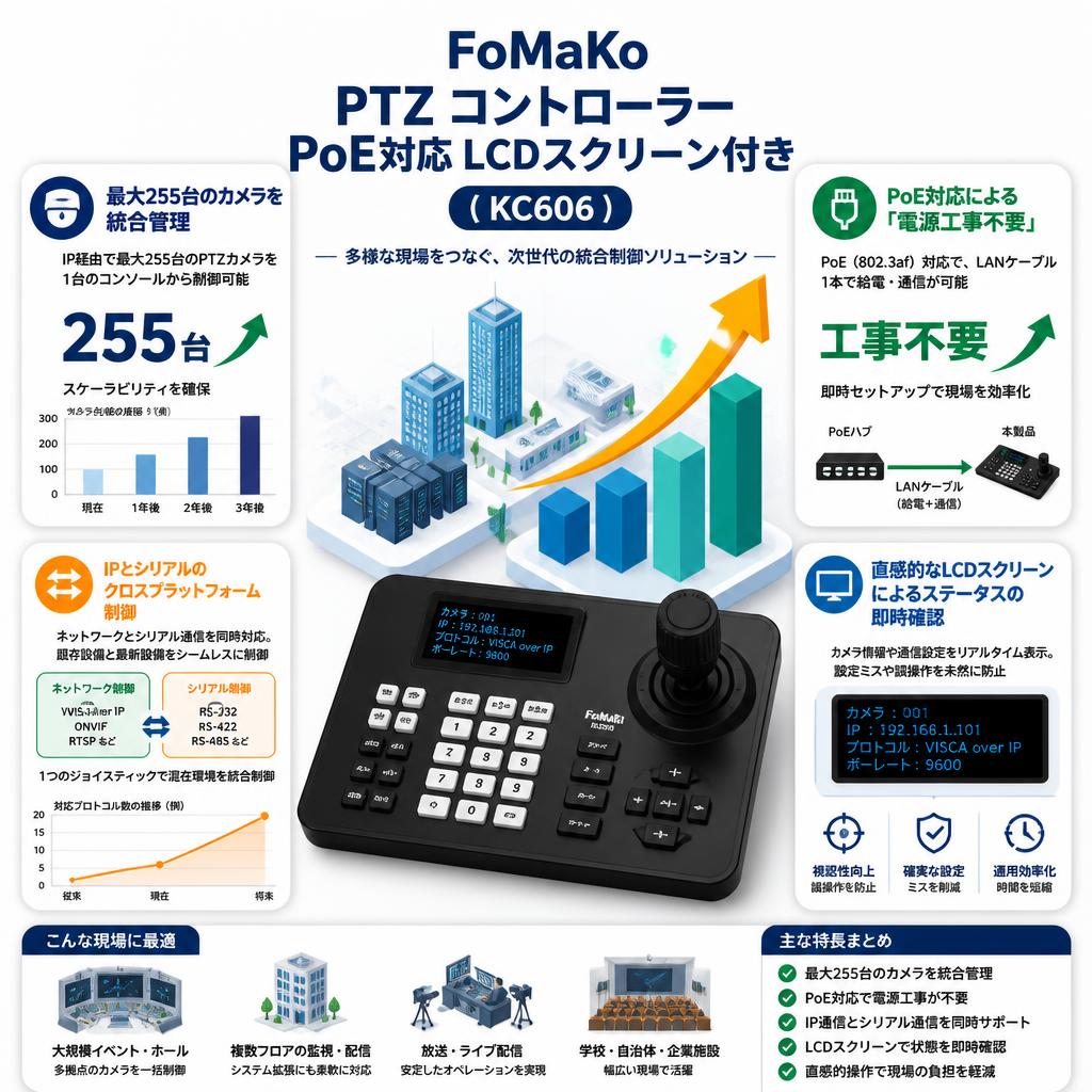 FoMaKo PTZ コントローラーPoE対応 LCDスクリーン付き ( KC606 ) セールスポイント