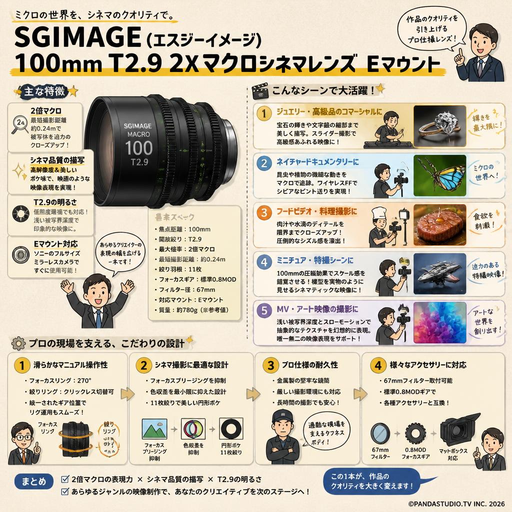 SGIMAGE（エスジーイメージ）100mm T2.9 2X マクロシネマレンズ Eマウント 用途