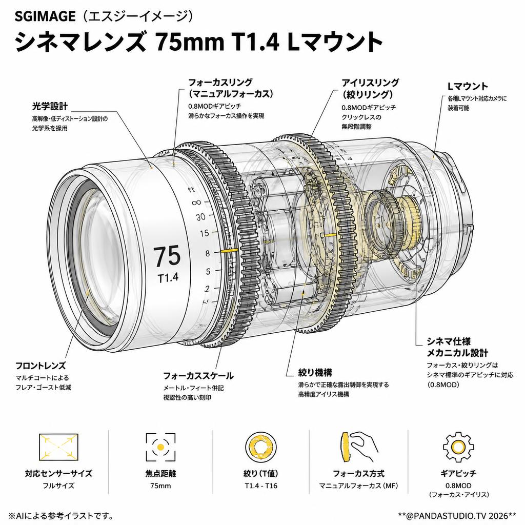 SGIMAGE（エスジーイメージ） シネマレンズ  75mm T1.4 Lマウント スペック