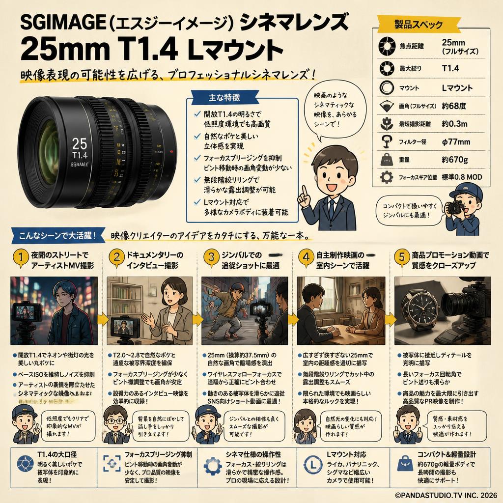 SGIMAGE（エスジーイメージ）シネマレンズ  25mm T1.4  Lマウント 用途