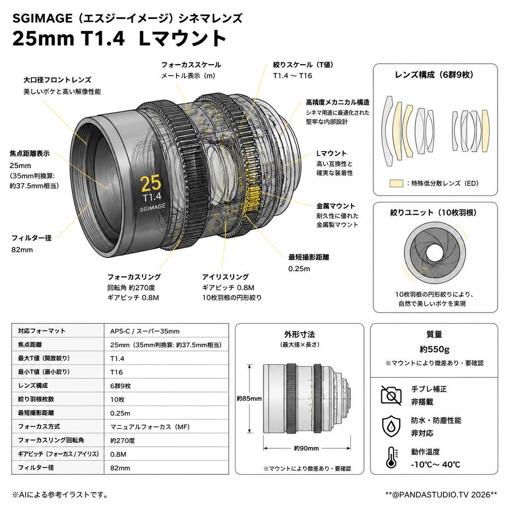 SGIMAGE（エスジーイメージ）シネマレンズ  25mm T1.4  Lマウント スペック