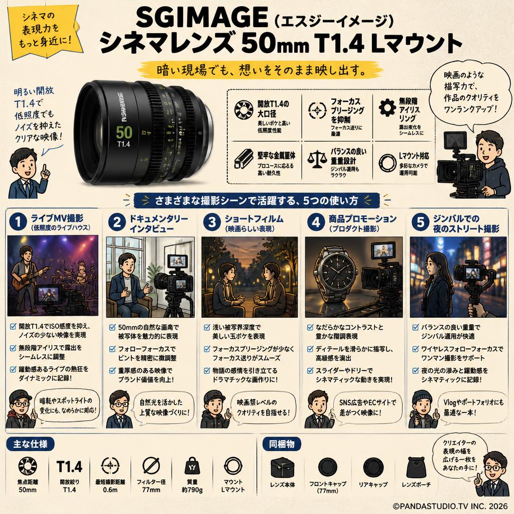SGIMAGE（エスジーイメージ）シネマレンズ 50mm T1.4 Lマウント 用途