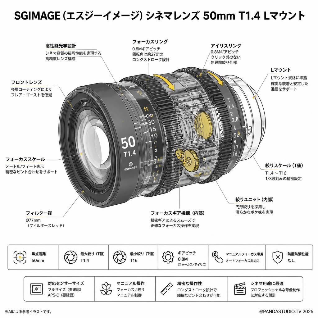 SGIMAGE（エスジーイメージ）シネマレンズ 50mm T1.4 Lマウント スペック
