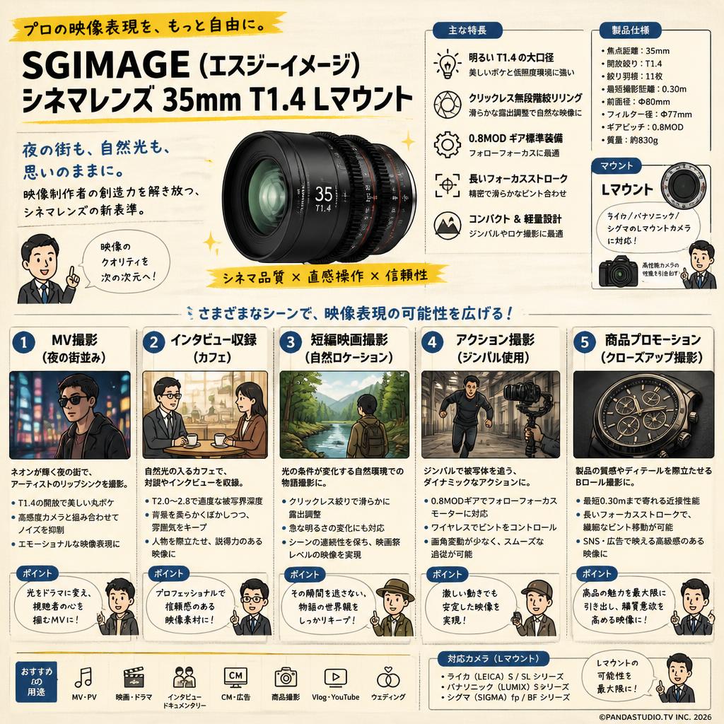 SGIMAGE（エスジーイメージ）シネマレンズ 35mm T1.4 Lマウント 用途