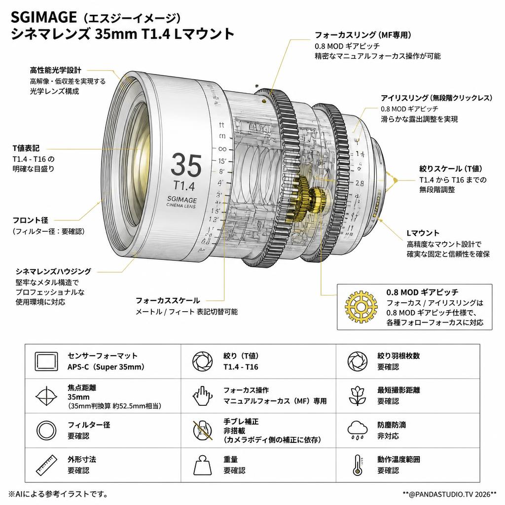 SGIMAGE（エスジーイメージ）シネマレンズ 35mm T1.4 Lマウント スペック