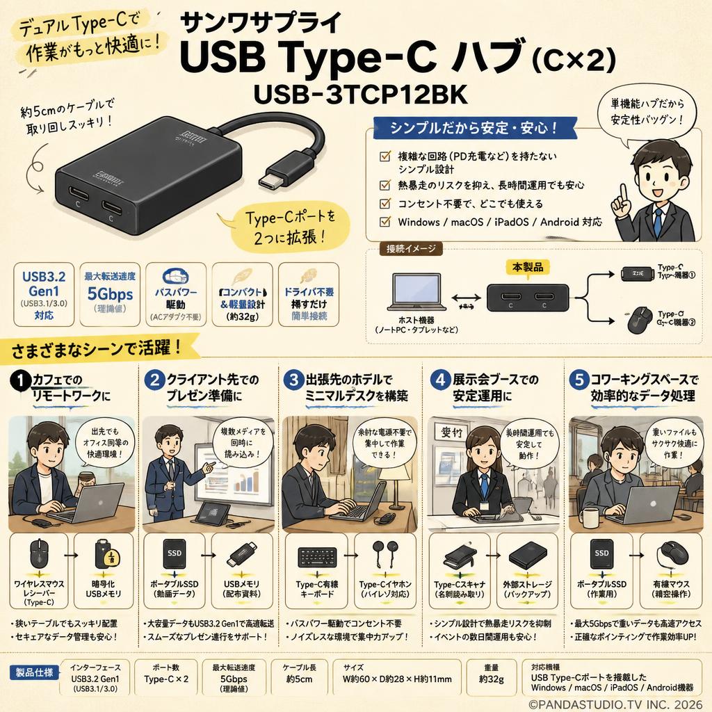 サンワサプライ USB Type-C ハブ（C×2） USB-3TCP12BK 用途