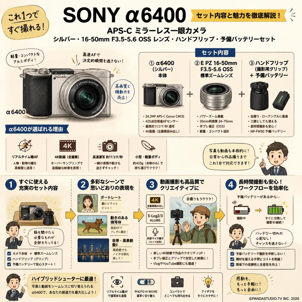 SONY APS-C ミラーレス一眼カメラ α6400 シルバー・16-50mm F3.5-5.6 OSS レンズ・ハンドフリップ・予備バッテリーセット 概要