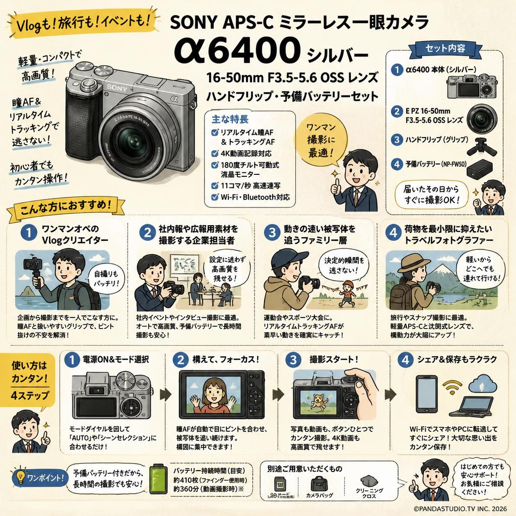 SONY APS-C ミラーレス一眼カメラ α6400 シルバー・16-50mm F3.5-5.6 OSS レンズ・ハンドフリップ・予備バッテリーセット おもな対象のお客様