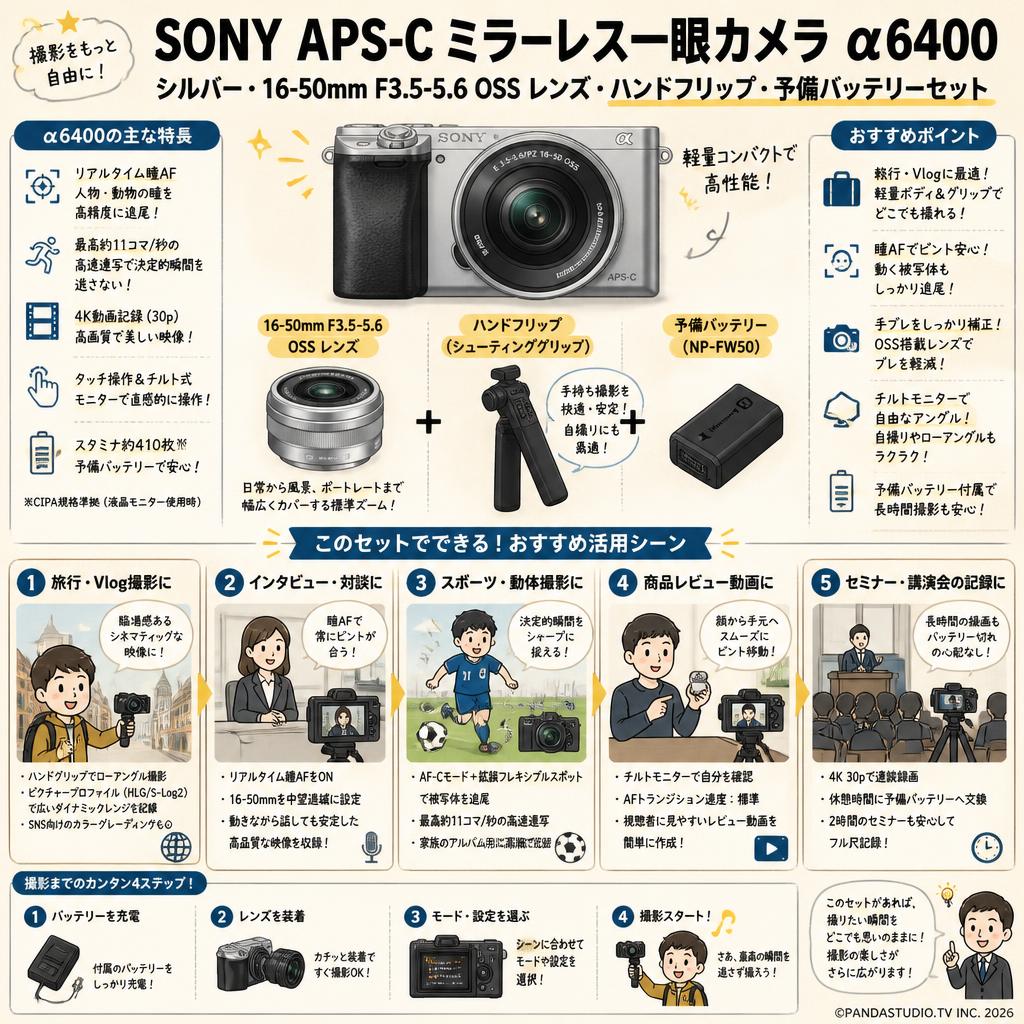 SONY APS-C ミラーレス一眼カメラ α6400 シルバー・16-50mm F3.5-5.6 OSS レンズ・ハンドフリップ・予備バッテリーセット 用途