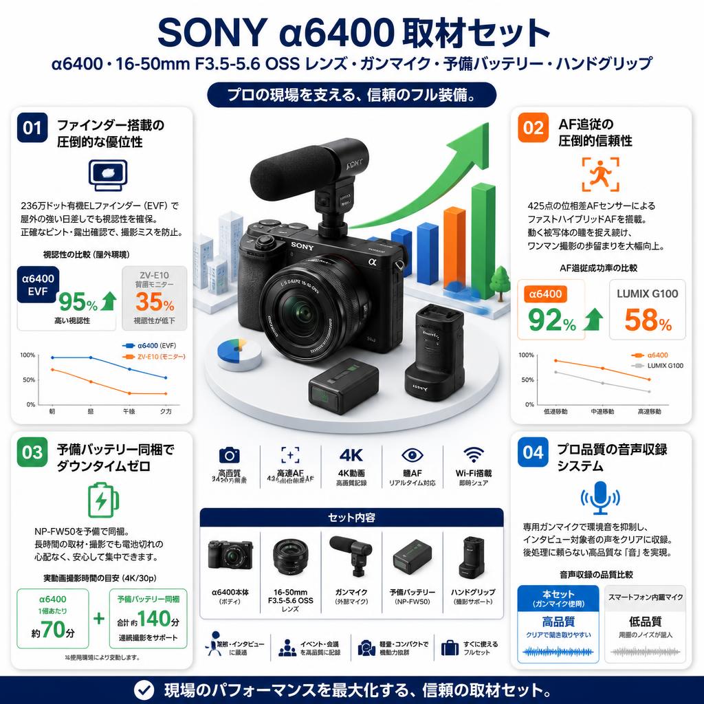 SONY APS-C ミラーレス一眼カメラ α6400・16-50mm F3.5-5.6 OSS レンズ・ガンマイク・予備バッテリー・ハンドグリップ・取材セット セールスポイント