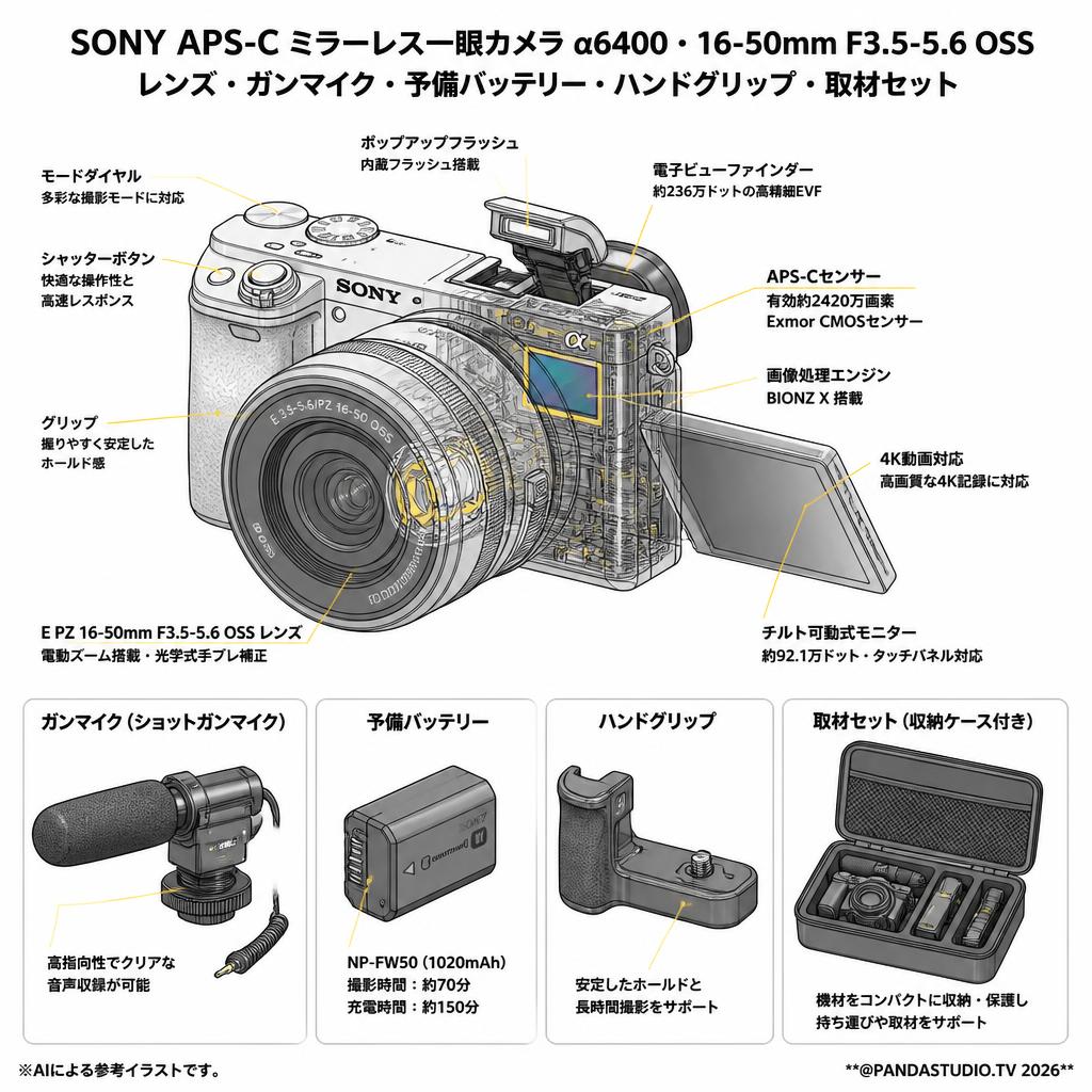 SONY APS-C ミラーレス一眼カメラ α6400・16-50mm F3.5-5.6 OSS レンズ・ガンマイク・予備バッテリー・ハンドグリップ・取材セット スペック