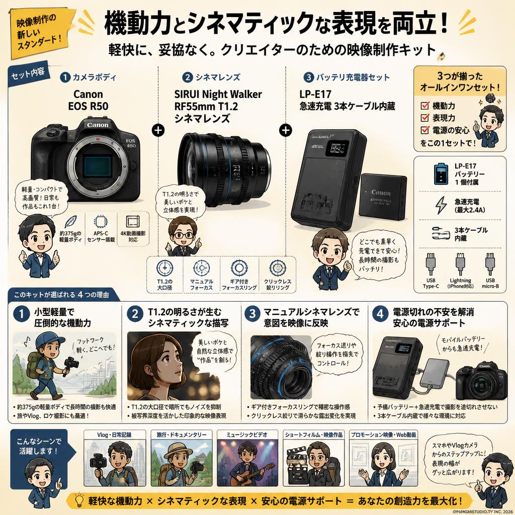 Canon EOS R50 + SIRUI Night Walker RF55mm T1.2 シネマレンズ + バッテリ充電器 セット LP-E17 +  急速充電 3本ケーブル内蔵 概要