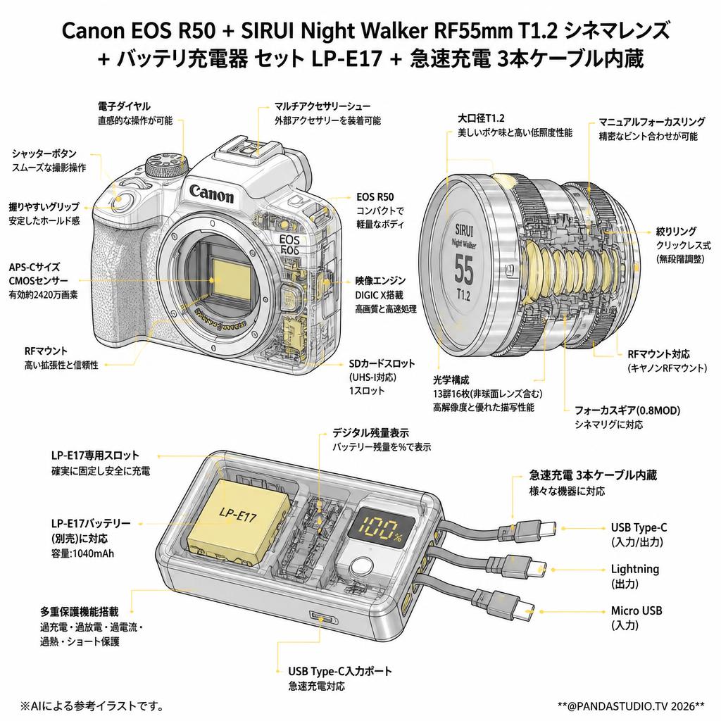 Canon EOS R50 + SIRUI Night Walker RF55mm T1.2 シネマレンズ + バッテリ充電器 セット LP-E17 +  急速充電 3本ケーブル内蔵 スペック
