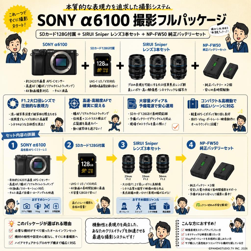 SONY α6100 SDカード128G付属 ＋ SIRUI Sniper レンズ３本セット + NP-FW50 純正バッテリーセット 概要