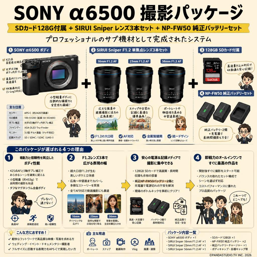 SONY α6500 SDカード128G付属 ＋ SIRUI Sniper レンズ３本セット + NP-FW50 純正バッテリーセット 概要