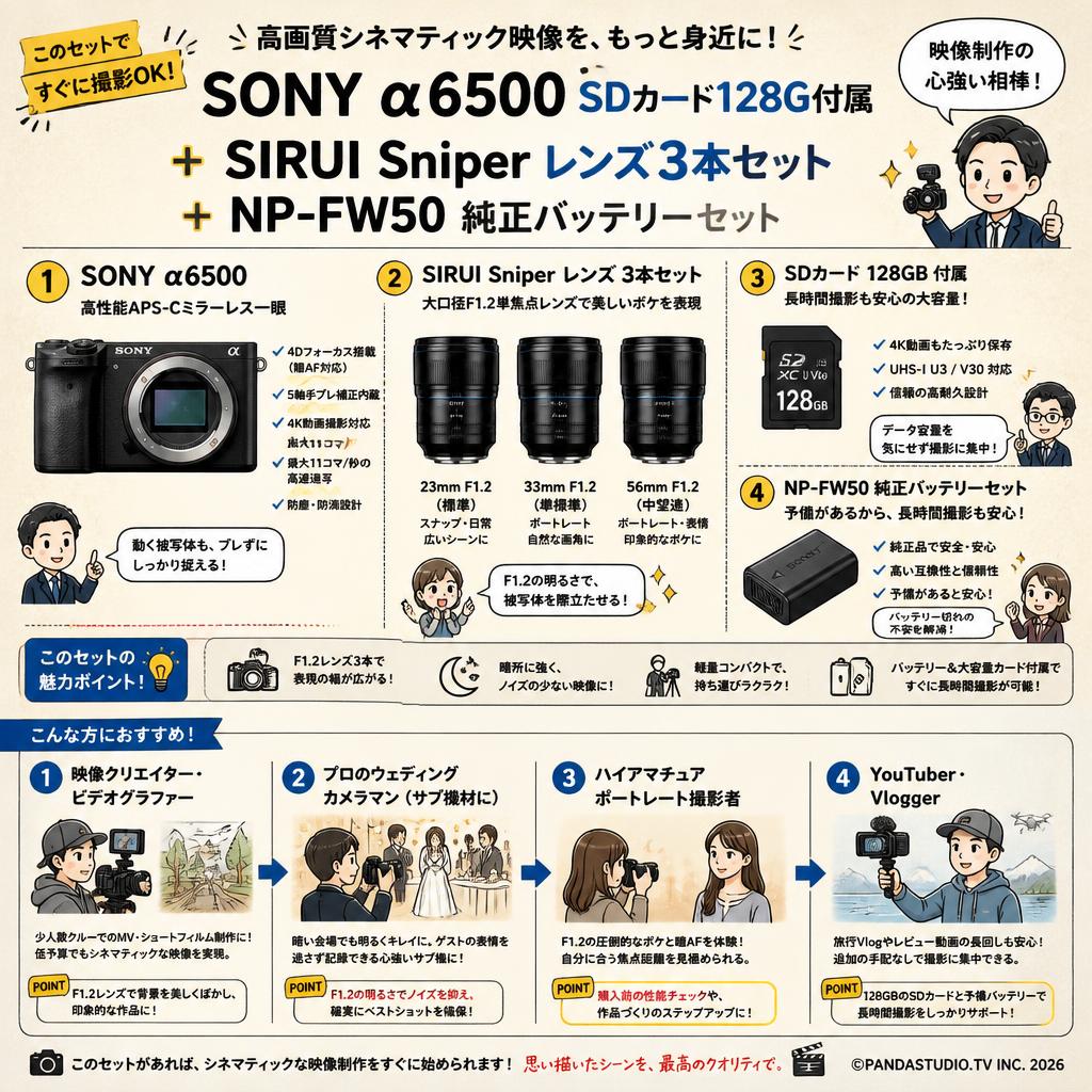 SONY α6500 SDカード128G付属 ＋ SIRUI Sniper レンズ３本セット + NP-FW50 純正バッテリーセット おもな対象のお客様
