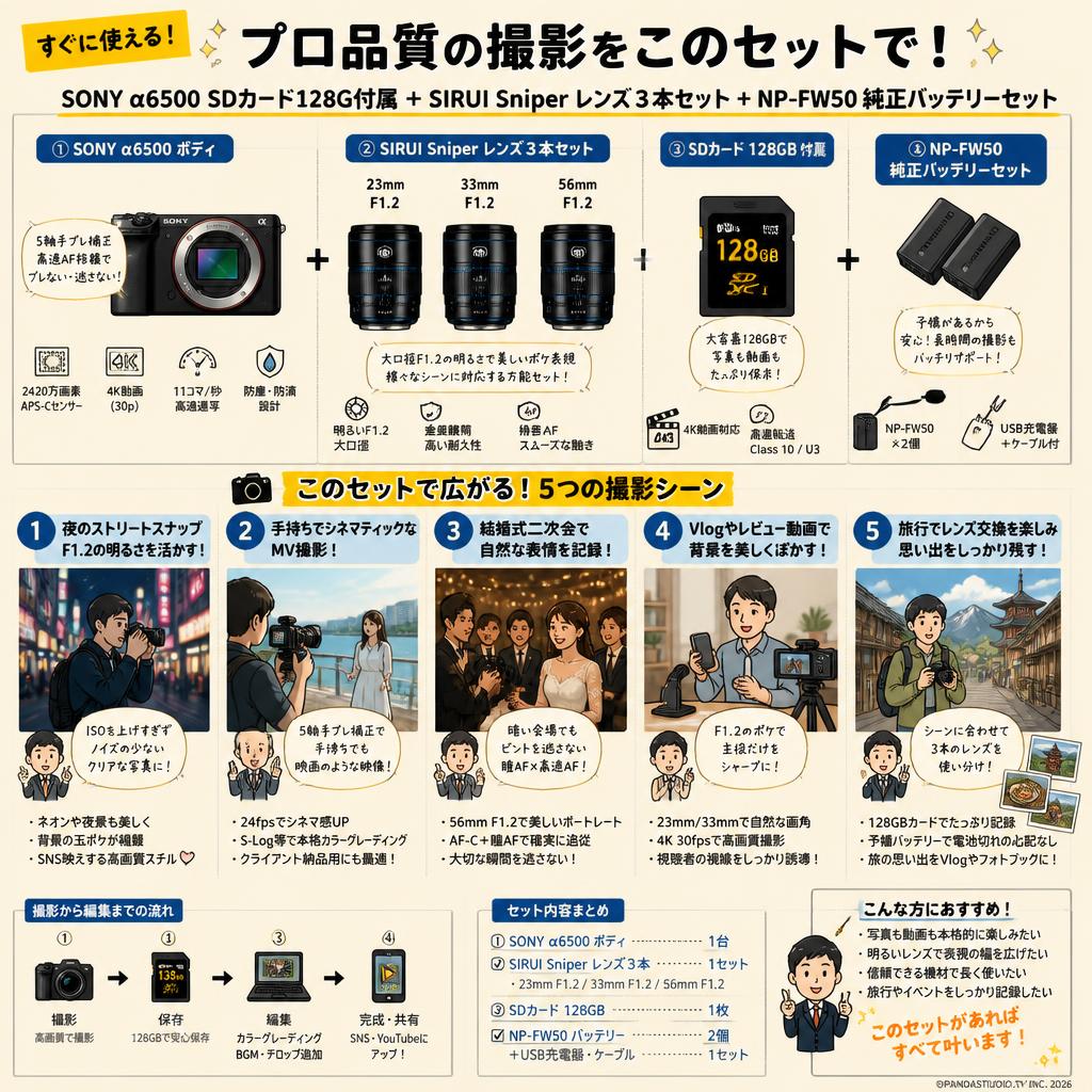 SONY α6500 SDカード128G付属 ＋ SIRUI Sniper レンズ３本セット + NP-FW50 純正バッテリーセット 用途