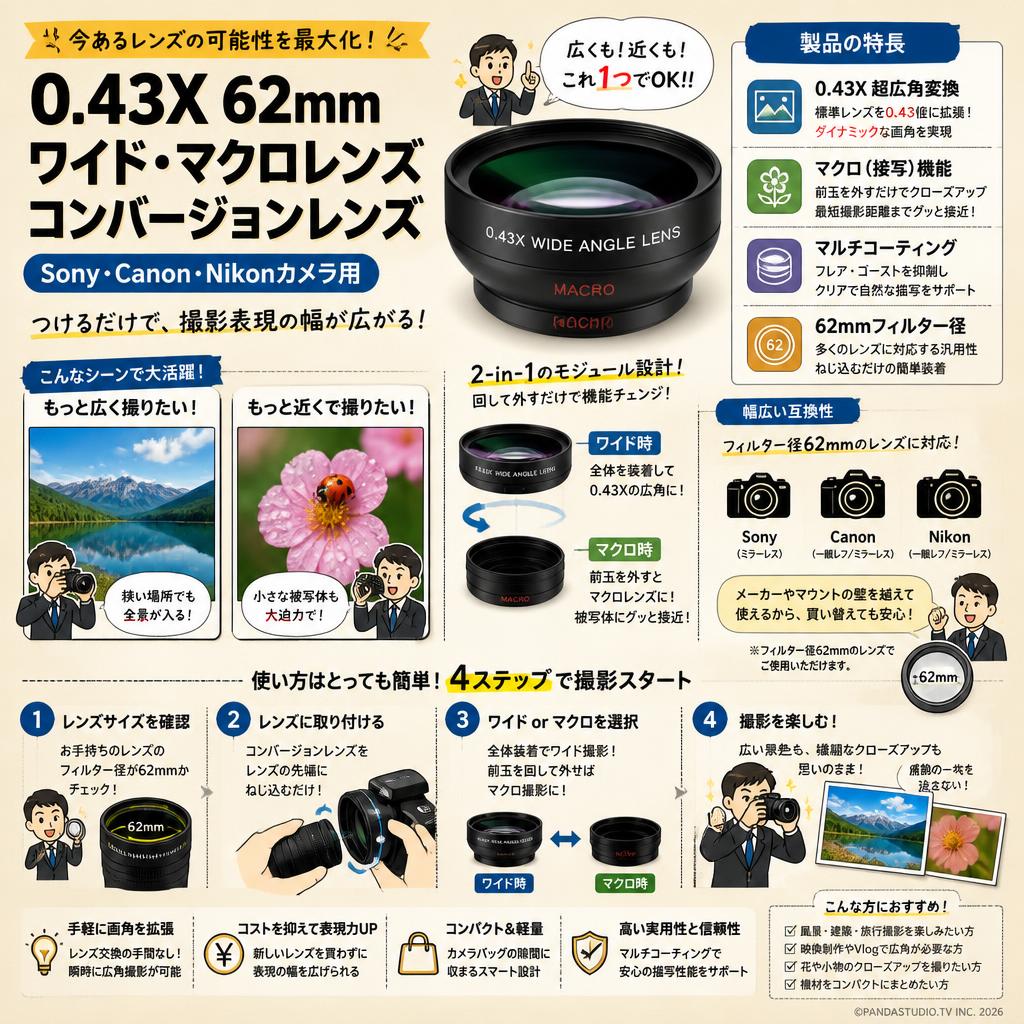 0.43X 62mm ワイド・マクロレンズ コンバージョンレンズ Sony Canon Nikonカメラ用 概要
