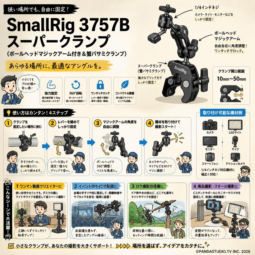 SmallRig 3757B スーパークランプ （ボールヘッドマジックアーム付き＆蟹バサミクランプ） おもな対象のお客様