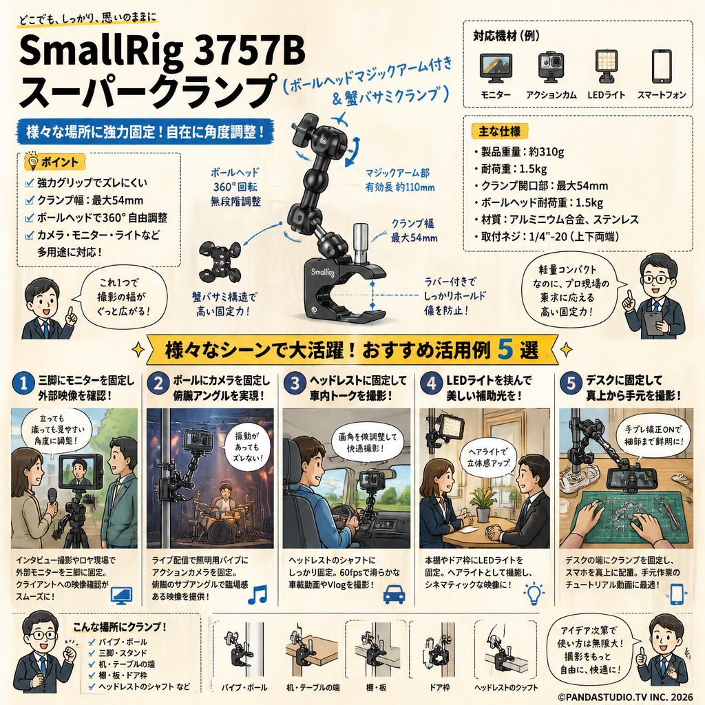 SmallRig 3757B スーパークランプ （ボールヘッドマジックアーム付き＆蟹バサミクランプ） 用途
