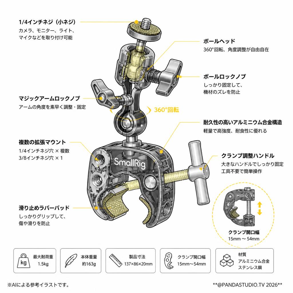 SmallRig 3757B スーパークランプ （ボールヘッドマジックアーム付き＆蟹バサミクランプ） スペック