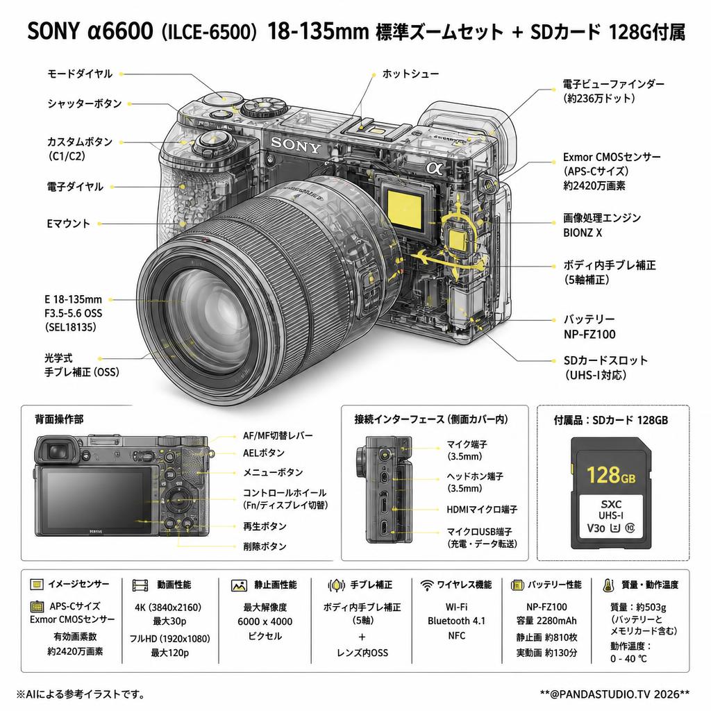 SONY α6600( ILCE-6500 )  18-135mm 標準ズームセット ＋ SDカード 128G付属 スペック