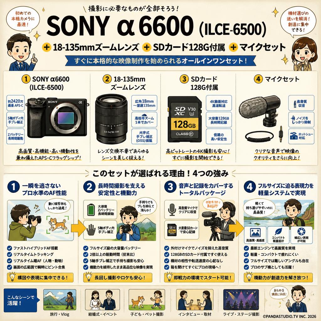 SONY α6600 ( ILCE-6500 ) ＋ 18-135mm ズームレンズ ＋ SDカード 128G付属＋マイクセット 概要