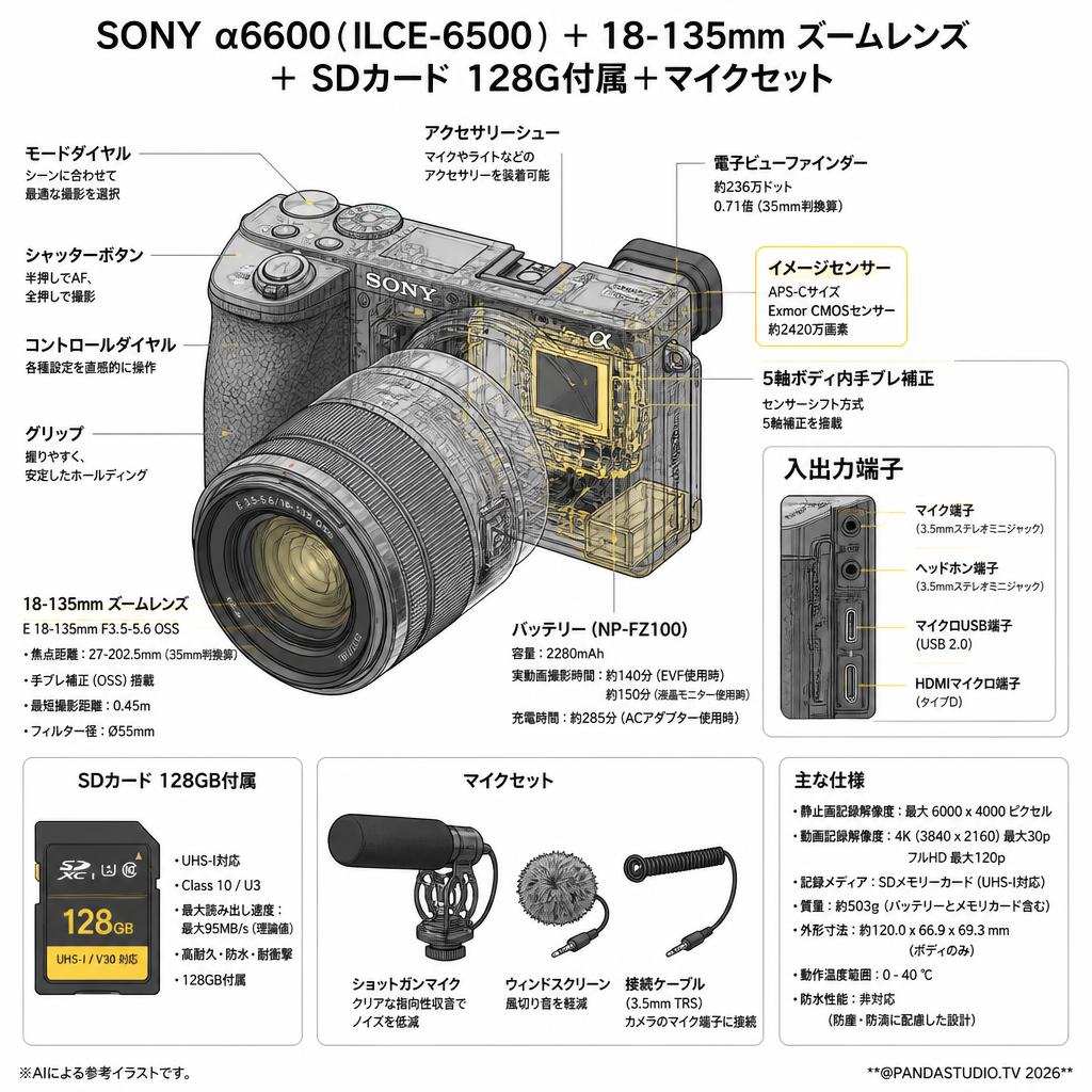 SONY α6600 ( ILCE-6500 ) ＋ 18-135mm ズームレンズ ＋ SDカード 128G付属＋マイクセット スペック