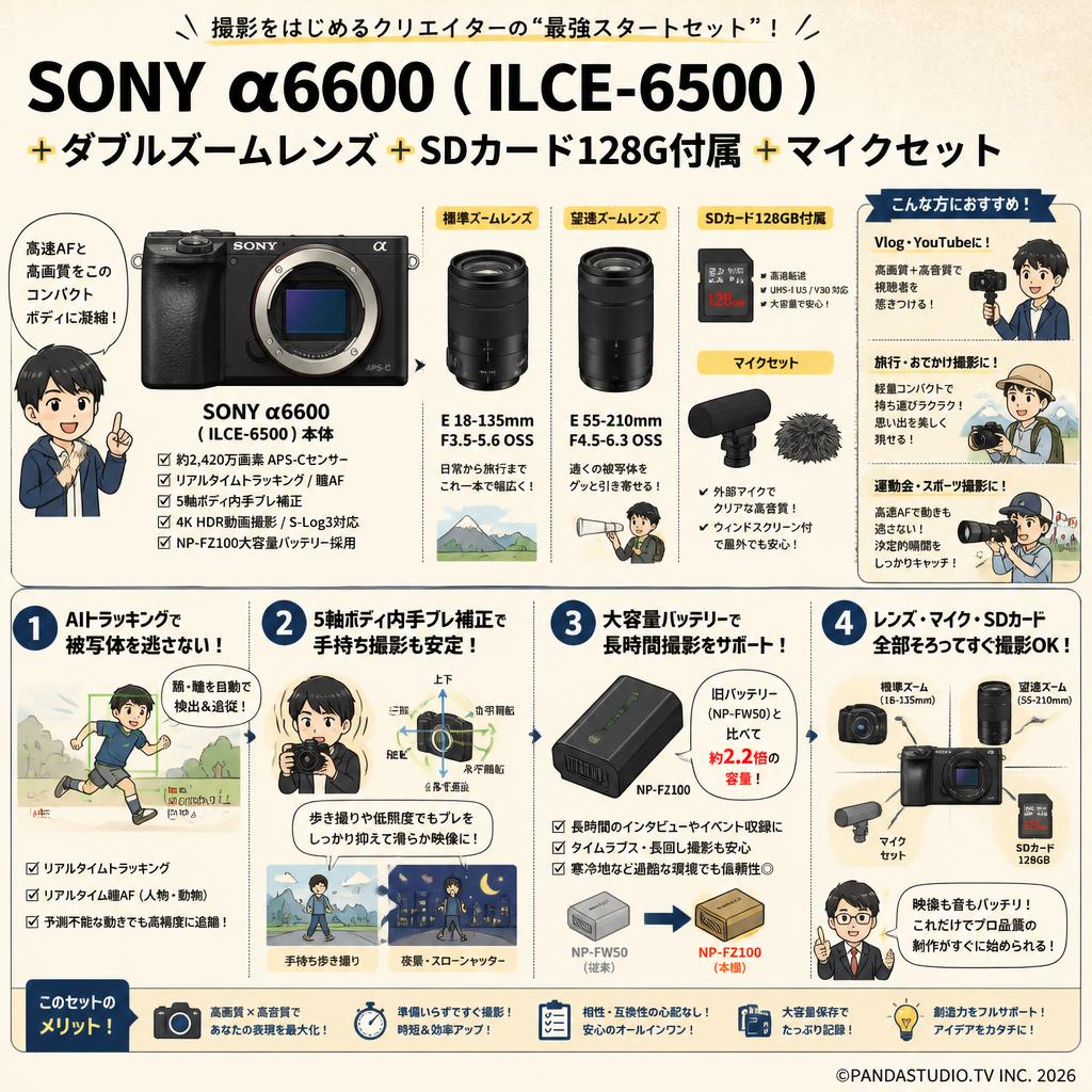 SONY α6600 ( ILCE-6500 )＋ダブルズームレンズ ＋ SDカード 128G付属＋マイクセット 概要