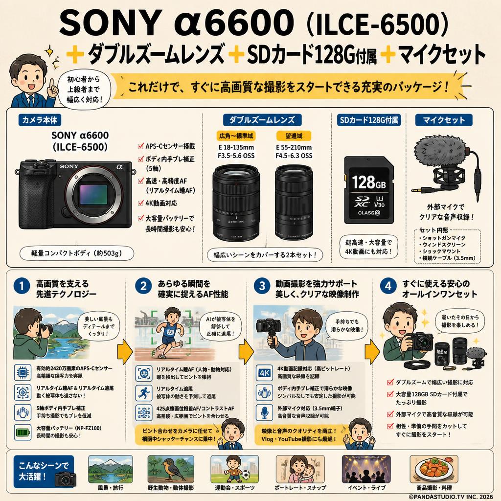 SONY α6600( ILCE-6500 )  ＋ ダブルズームレンズ ＋ SDカード 128G付属＋マイクセット 概要