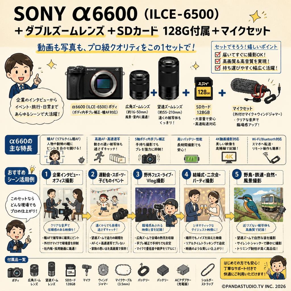 SONY α6600( ILCE-6500 )  ＋ ダブルズームレンズ ＋ SDカード 128G付属＋マイクセット 用途