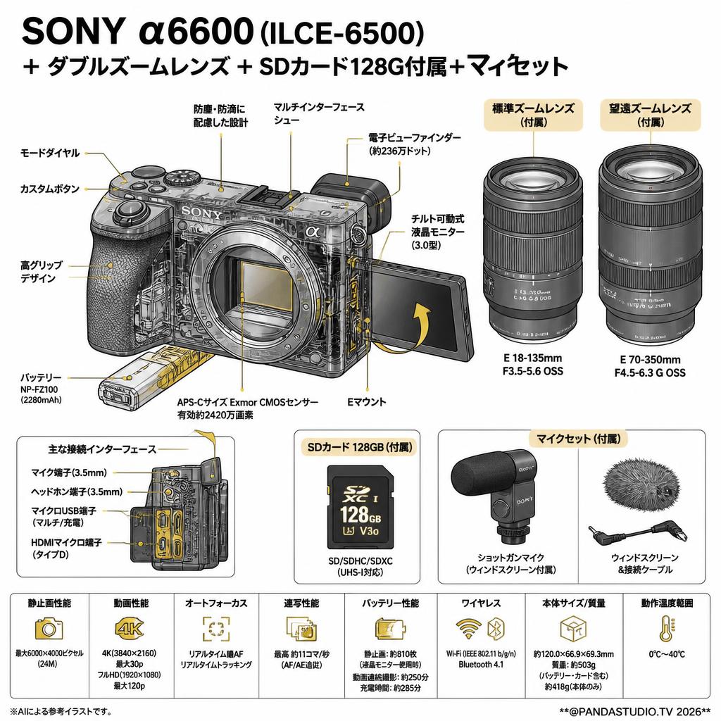 SONY α6600( ILCE-6500 )  ＋ ダブルズームレンズ ＋ SDカード 128G付属＋マイクセット スペック