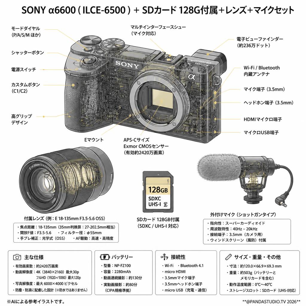 SONY α6600 ( ILCE-6500 ) ＋ SDカード 128G付属＋レンズ＋マイクセット スペック
