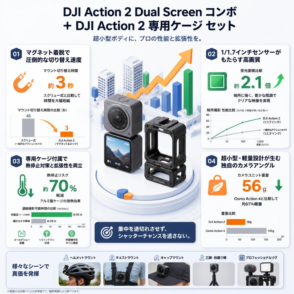 DJI Action 2 Dual Screen コンボ + DJI Action 2 専用ケージ  セット セールスポイント