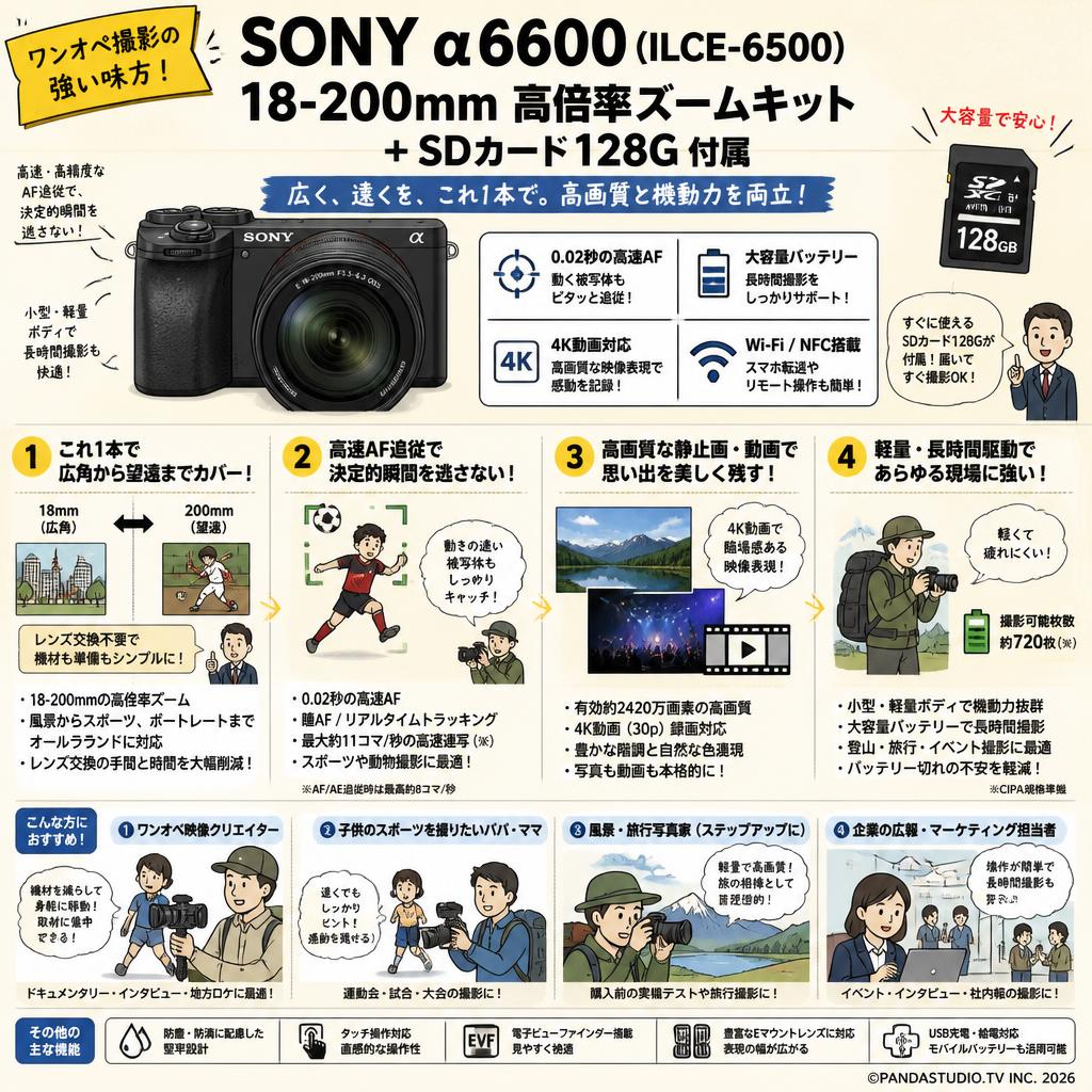 SONY α6600( ILCE-6500 ) 18-200mm 高倍率ズームキット ＋ SDカード 128G付属 おもな対象のお客様